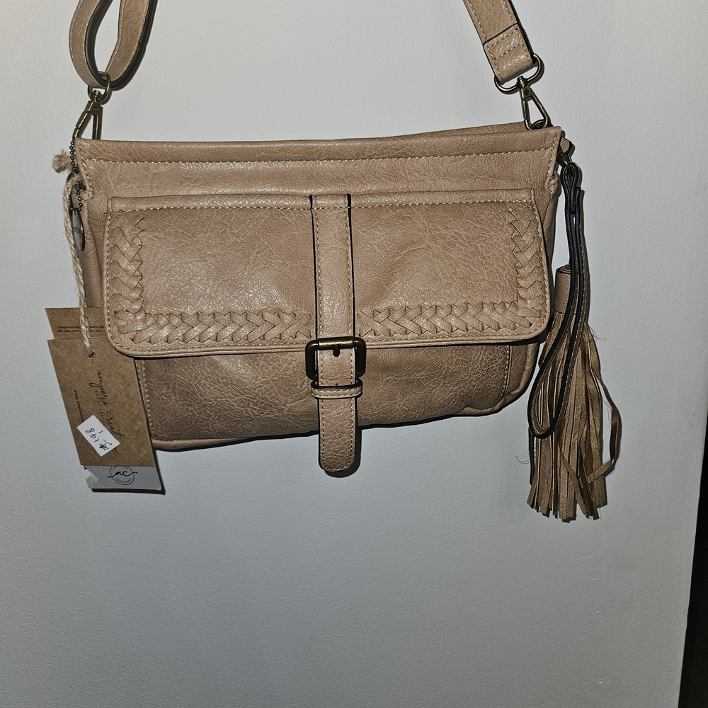 Tan Crossbody Shoulder Bag with Tassel Accent